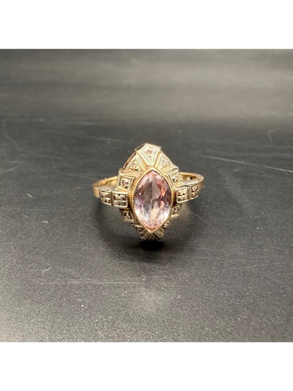 Vintage Art Deco Ring 14K Gold Pink Stone Size 6 Engagement Statement Retro - Picture 5 of 10